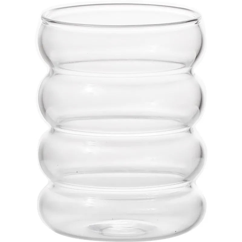 Retro Ribbed Corrugated Glass Cup - Clear Drinking Glass for Coffee, Tea, Juice & Milk