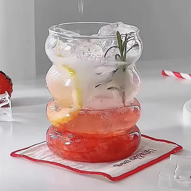 Retro Ribbed Corrugated Glass Cup - Clear Drinking Glass for Coffee, Tea, Juice & Milk